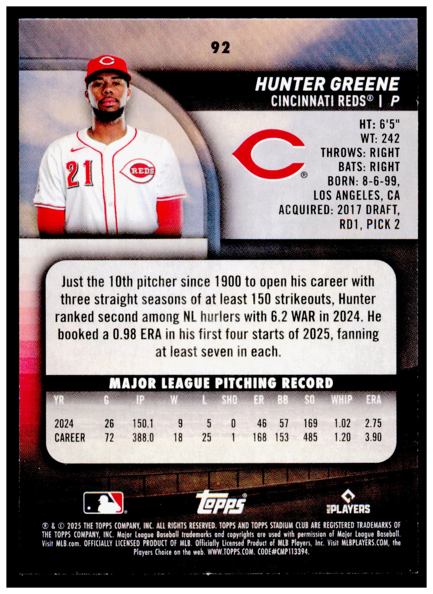 2025 Stadium Club Hunter Greene Card Cincinnati Reds #92