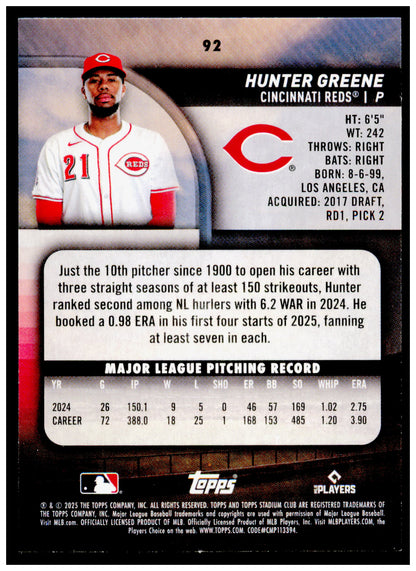 2025 Stadium Club Hunter Greene Card Cincinnati Reds #92