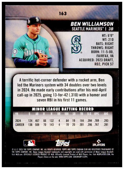 2025 Stadium Club Ben Williamson Card RC Seattle Mariners #163