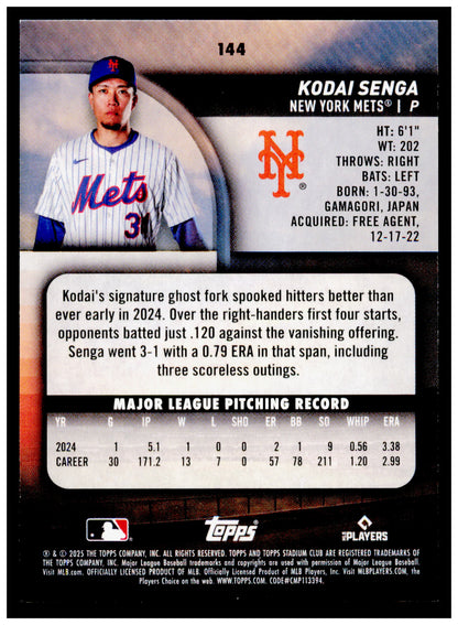 2025 Stadium Club Kodai Senga Card New York Mets #144