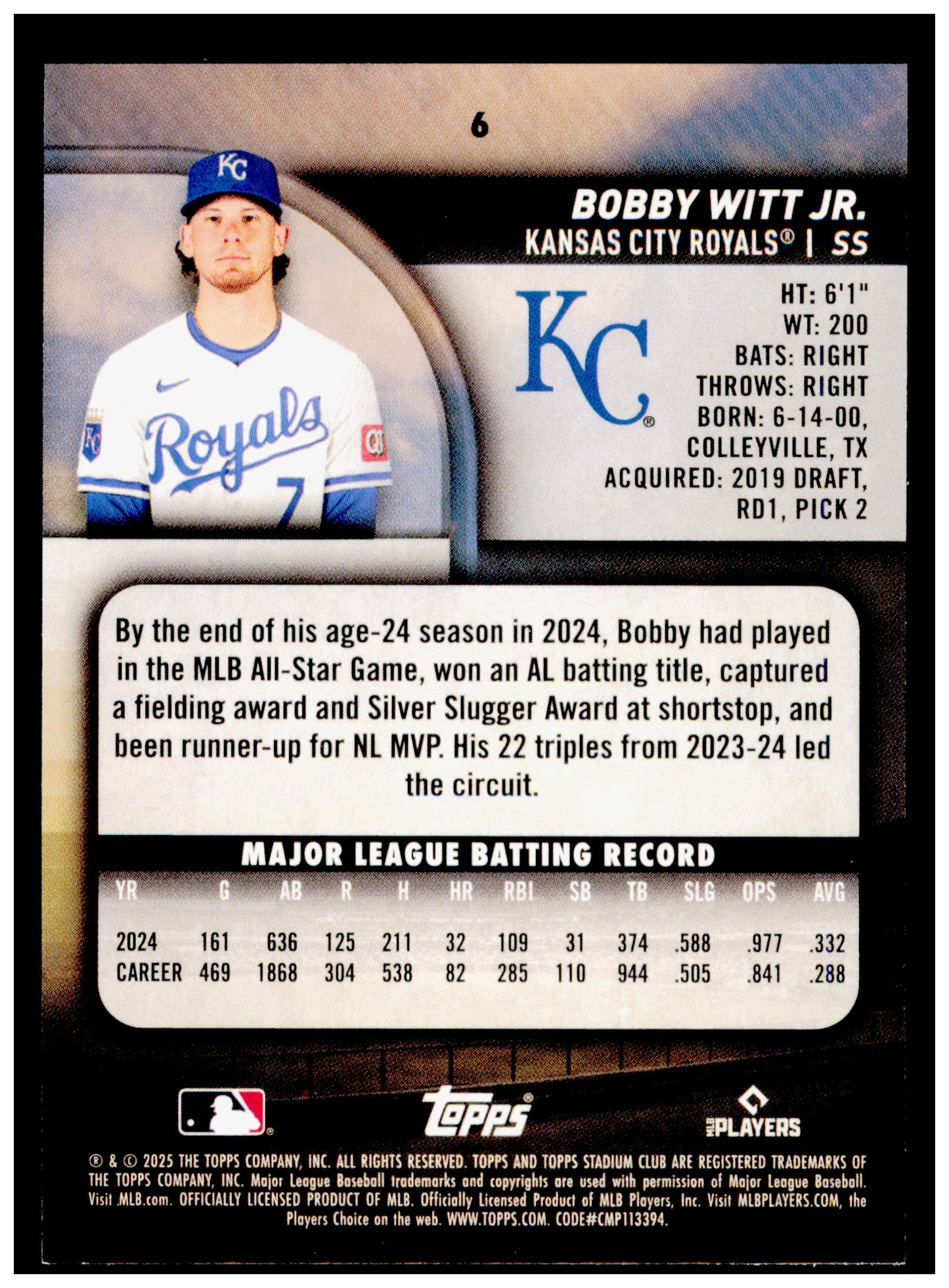 2025 Stadium Club Bobby Witt Jr. Card Kansas City Royals #6