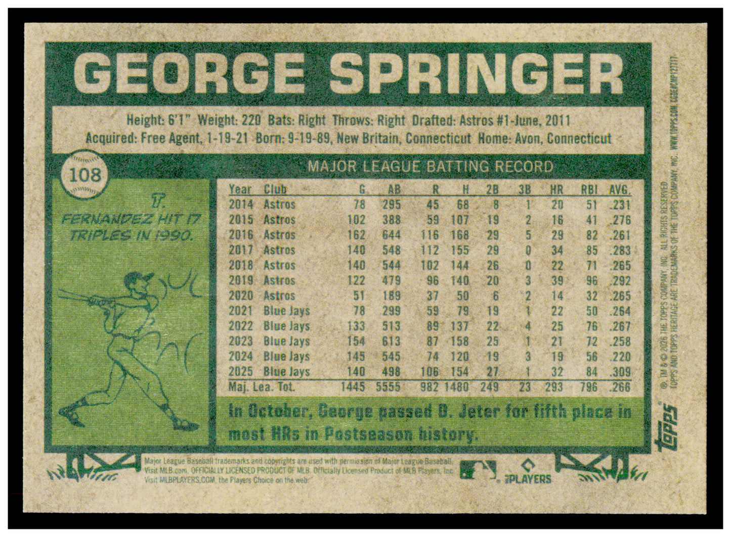 2026 Topps Heritage George Springer Card Toronto Blue Jays #108