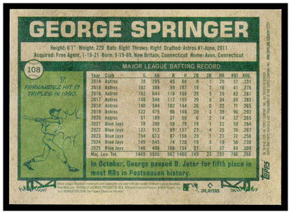 2026 Topps Heritage George Springer Card Toronto Blue Jays #108
