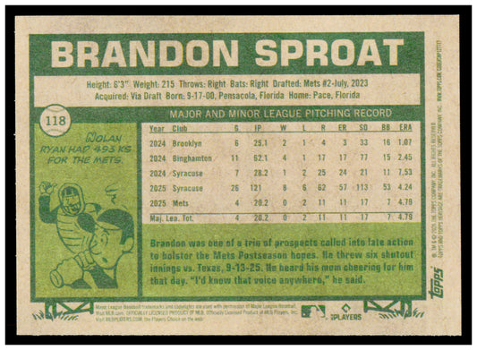 2026 Topps Heritage Brandon Sproat Card RC New York Mets #118