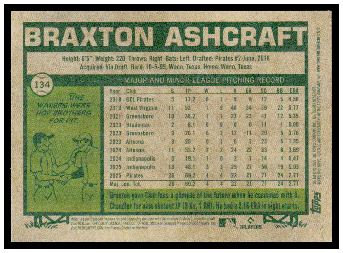 2026 Topps Heritage Braxton Ashcraft Card Pittsburgh Pirates #134