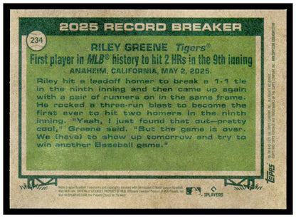 2026 Topps Heritage Riley Greene Card Detroit Tigers #234