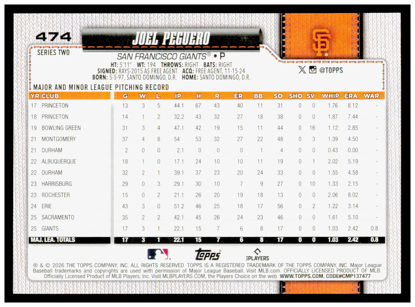 Series 2 Baseball Joel Peguero Card RC San Francisco Giants #474