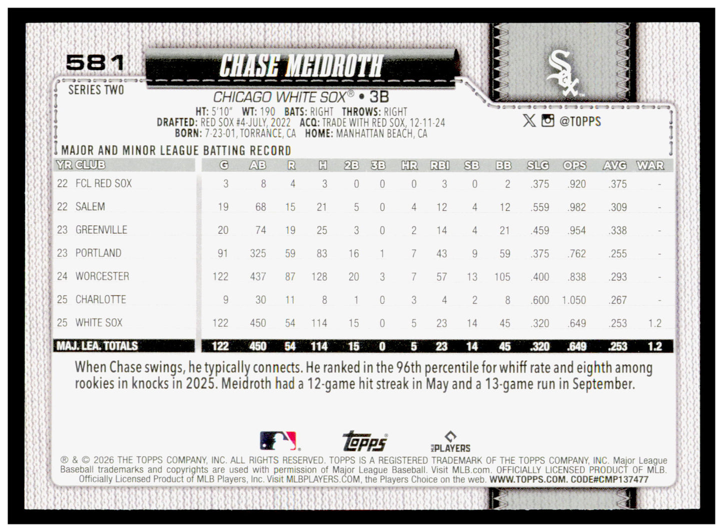 Series 2 Baseball Chase Meidroth Card Chicago White Sox #581