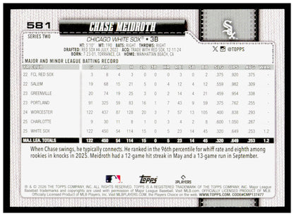 Series 2 Baseball Chase Meidroth Card Chicago White Sox #581