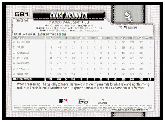 Series 2 Baseball Chase Meidroth Card Chicago White Sox #581