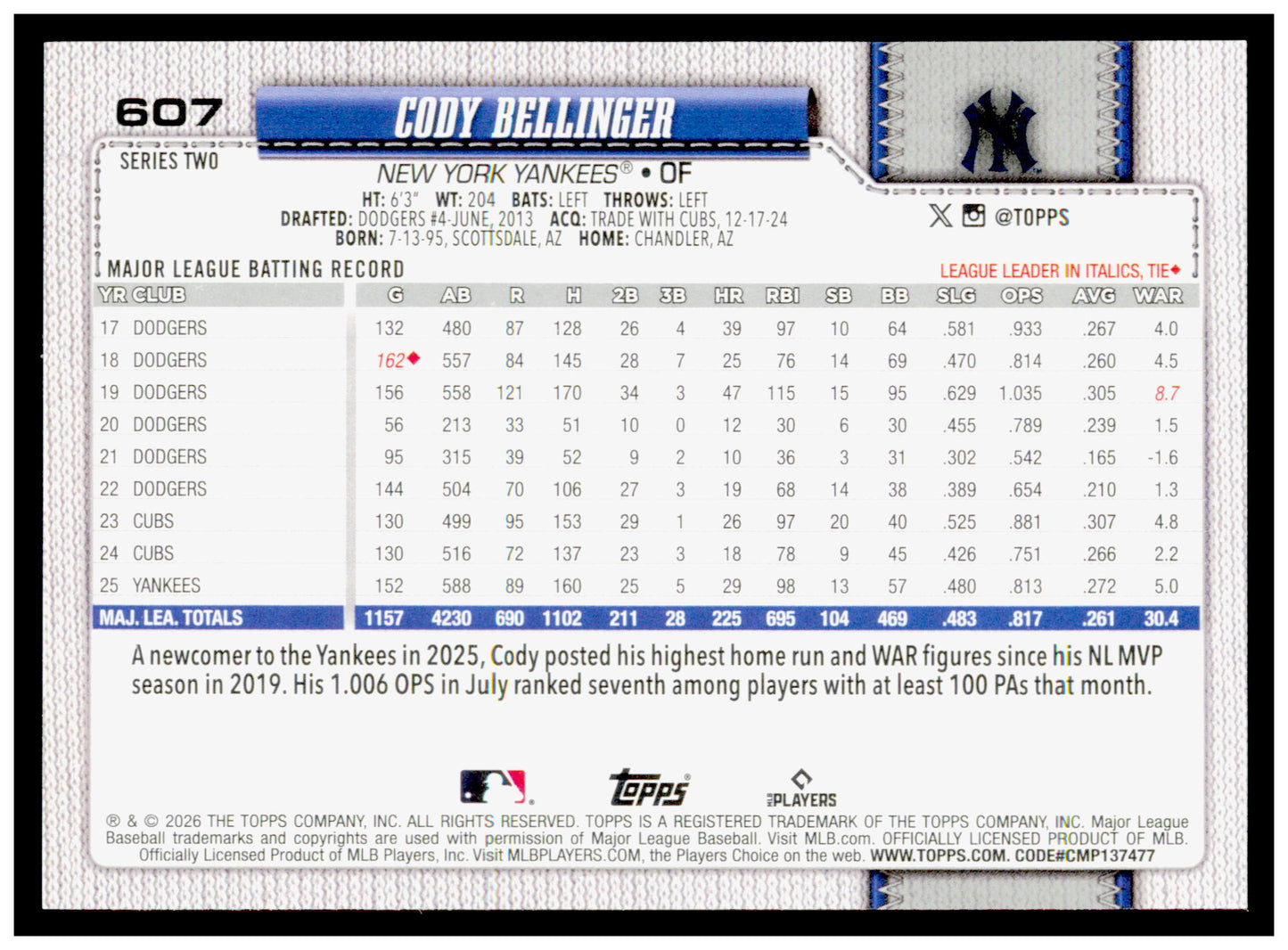 Series 2 Baseball Cody Bellinger Card New York Yankees #607