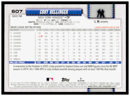 Series 2 Baseball Cody Bellinger Card New York Yankees #607