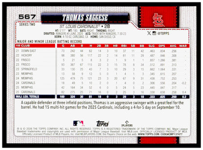 Series 2 Baseball Thomas Saggese Card St. Louis Cardinals #567