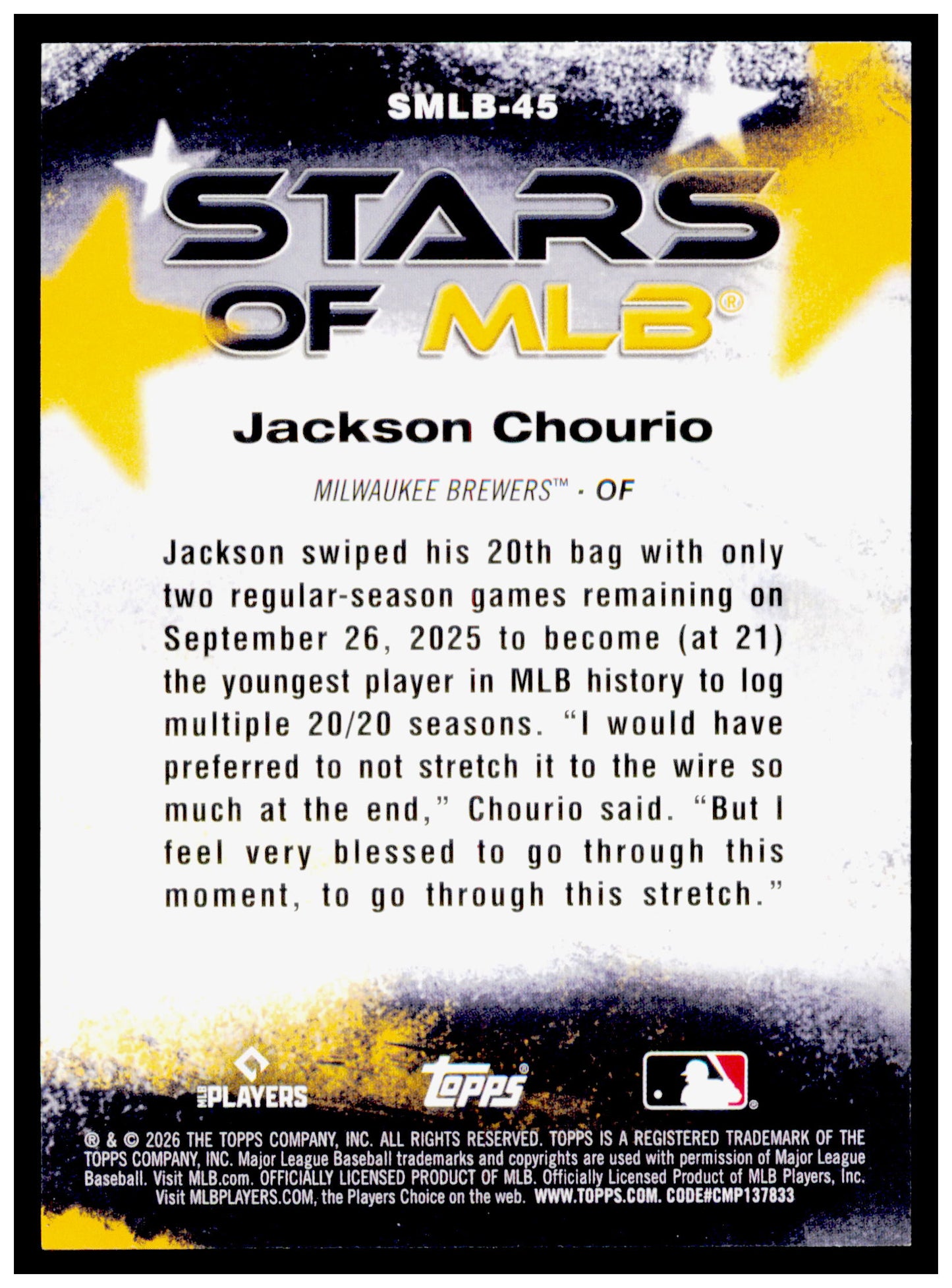 Series 2 Baseball Jackson Chourio Card Stars of MLB Milwaukee Brewers #SMLB-45