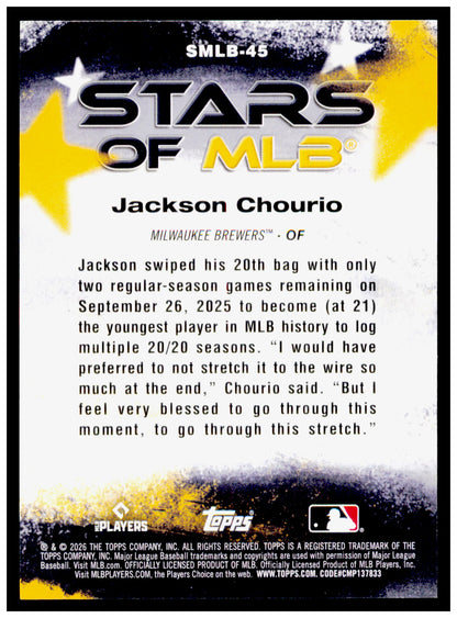 Series 2 Baseball Jackson Chourio Card Stars of MLB Milwaukee Brewers #SMLB-45
