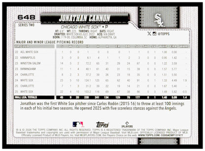 Series 2 Baseball Jonathan Cannon Card Chicago White Sox #648