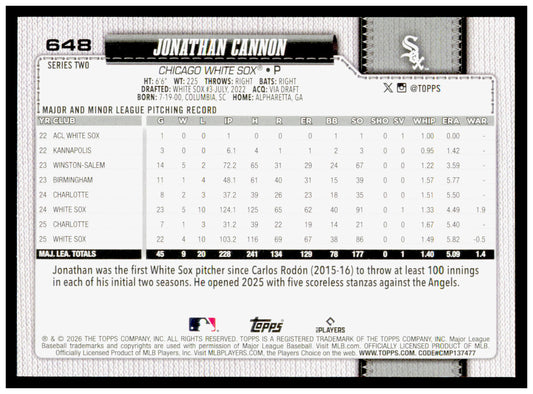 Series 2 Baseball Jonathan Cannon Card Chicago White Sox #648