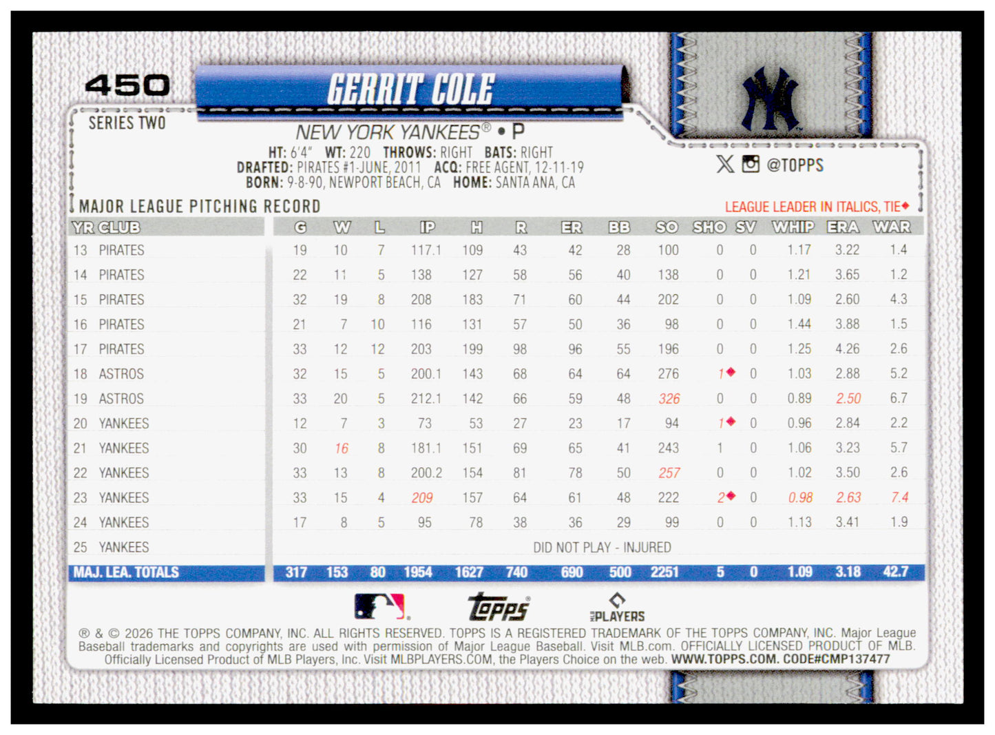 Series 2 Baseball Gerrit Cole Card New York Yankees #450