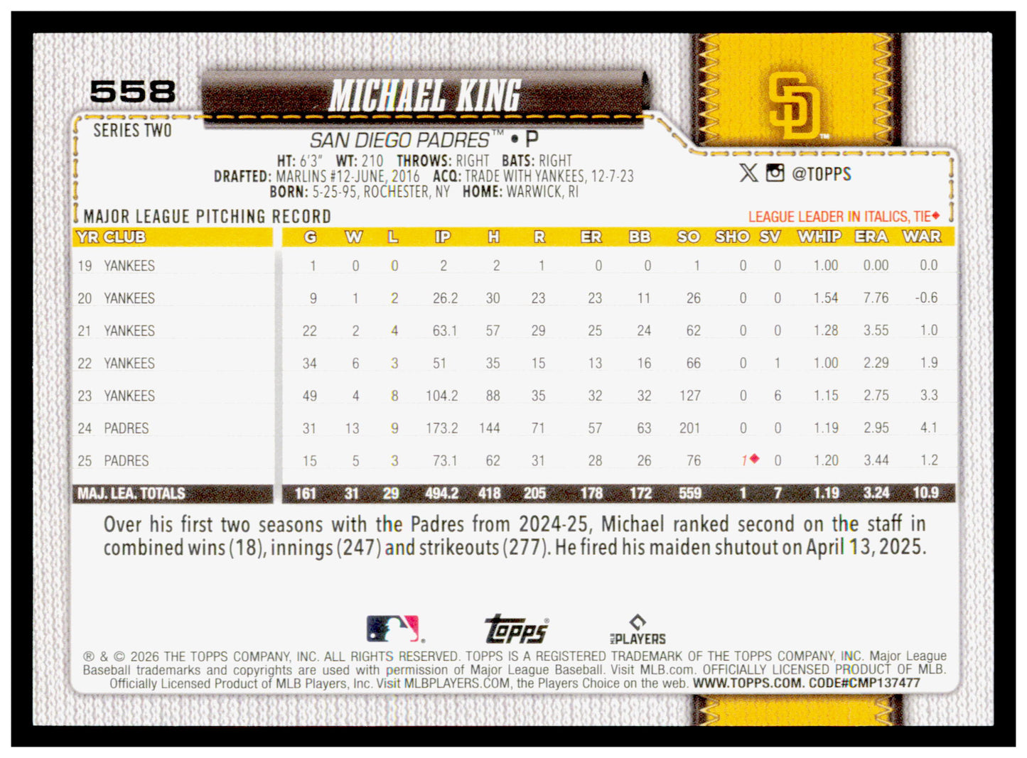 Series 2 Baseball Michael King Card San Diego Padres #558