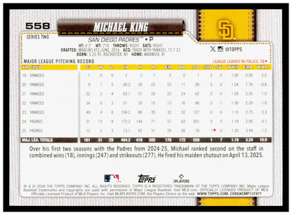 Series 2 Baseball Michael King Card San Diego Padres #558