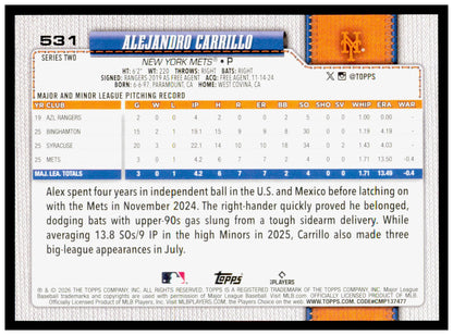 Series 2 Baseball Alejandro Carrillo Card RC New York Mets #531