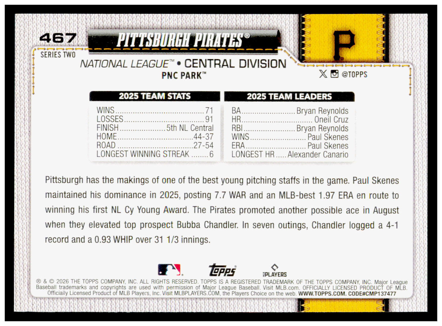 Series 2 Baseball Pittsburgh Pirates Card Pittsburgh Pirates #467