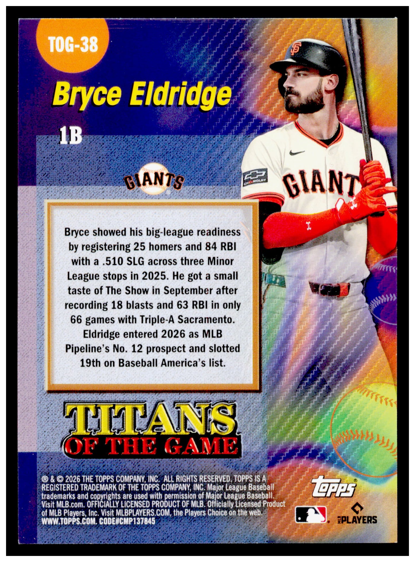 Series 2 Baseball Bryce Eldridge Card Titans of the Game San Francisco Giants