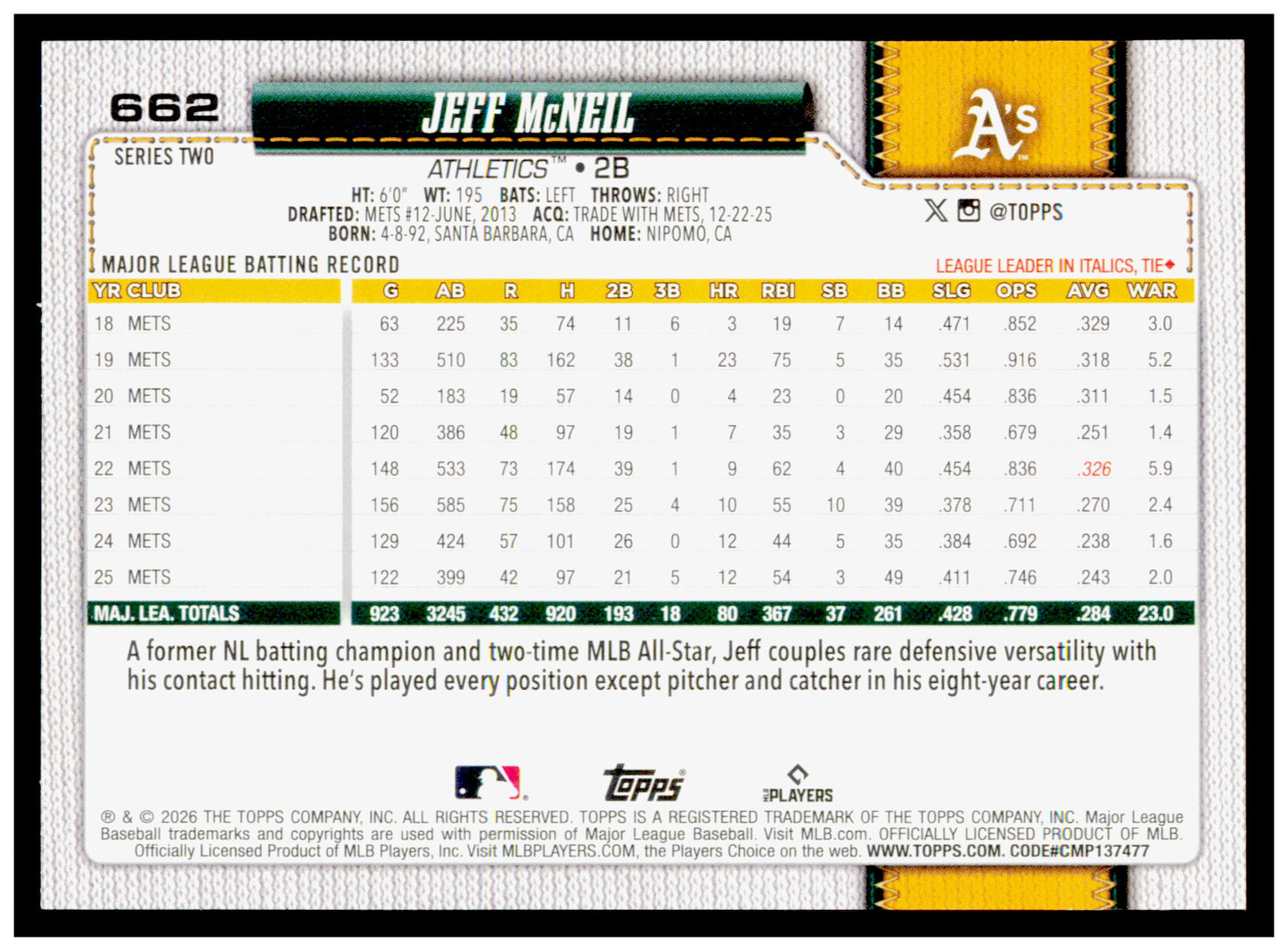 Series 2 Baseball Jeff McNeil Card Athletics #662