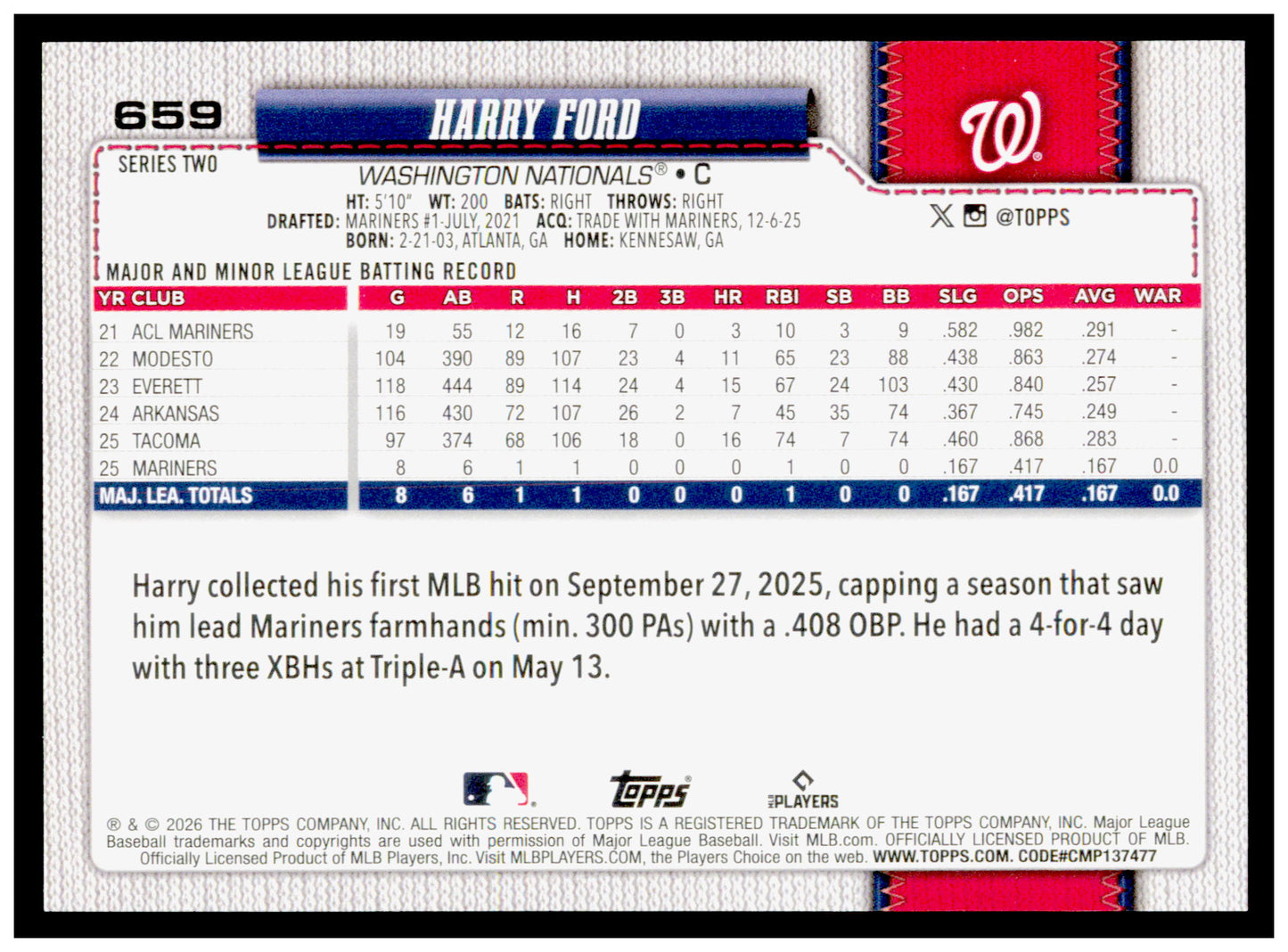 Series 2 Baseball Harry Ford Card Rainbow Foil RC Washington Nationals #659