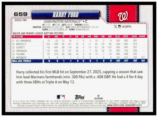 Series 2 Baseball Harry Ford Card Rainbow Foil RC Washington Nationals #659