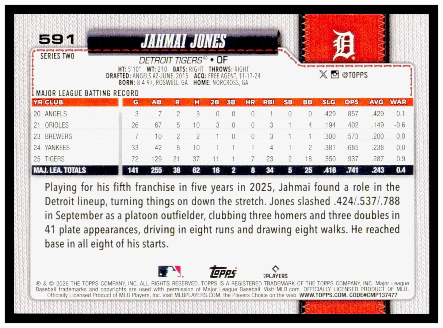 Series 2 Baseball Jahmai Jones Card Rainbow Foil Detroit Tigers #591