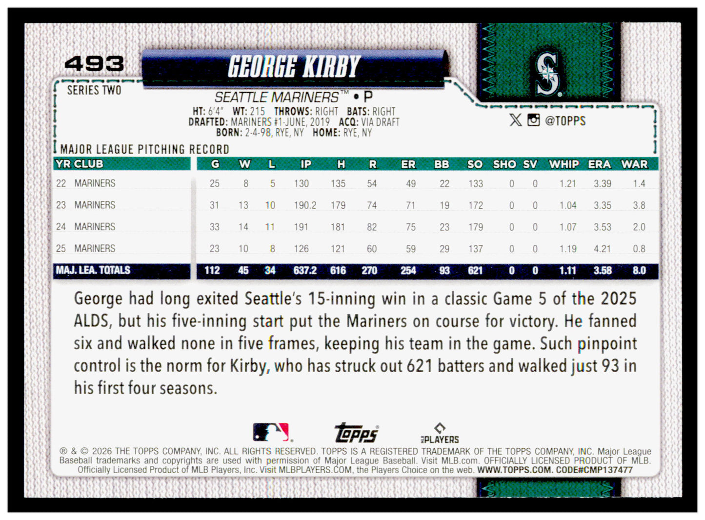 Series 2 Baseball George Kirby Card Seattle Mariners #493