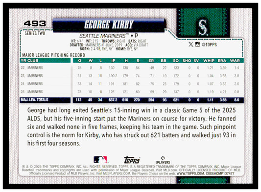 Series 2 Baseball George Kirby Card Seattle Mariners #493