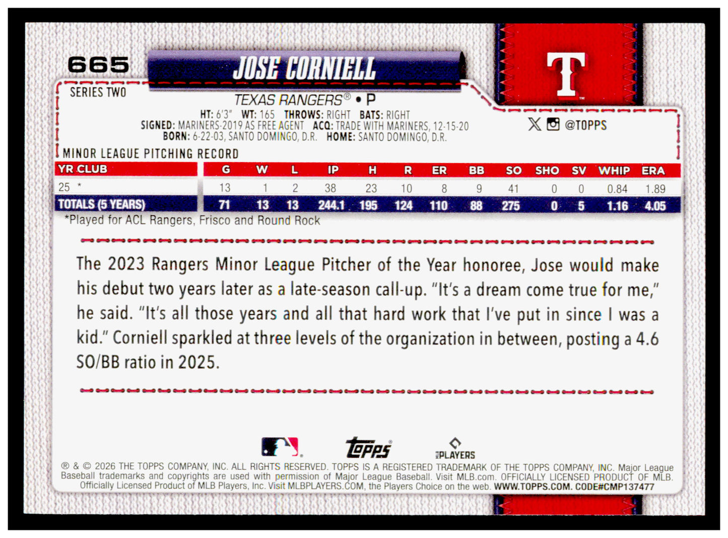 Series 2 Baseball Jose Corniell Card RC Texas Rangers #665