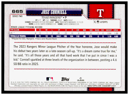Series 2 Baseball Jose Corniell Card RC Texas Rangers #665