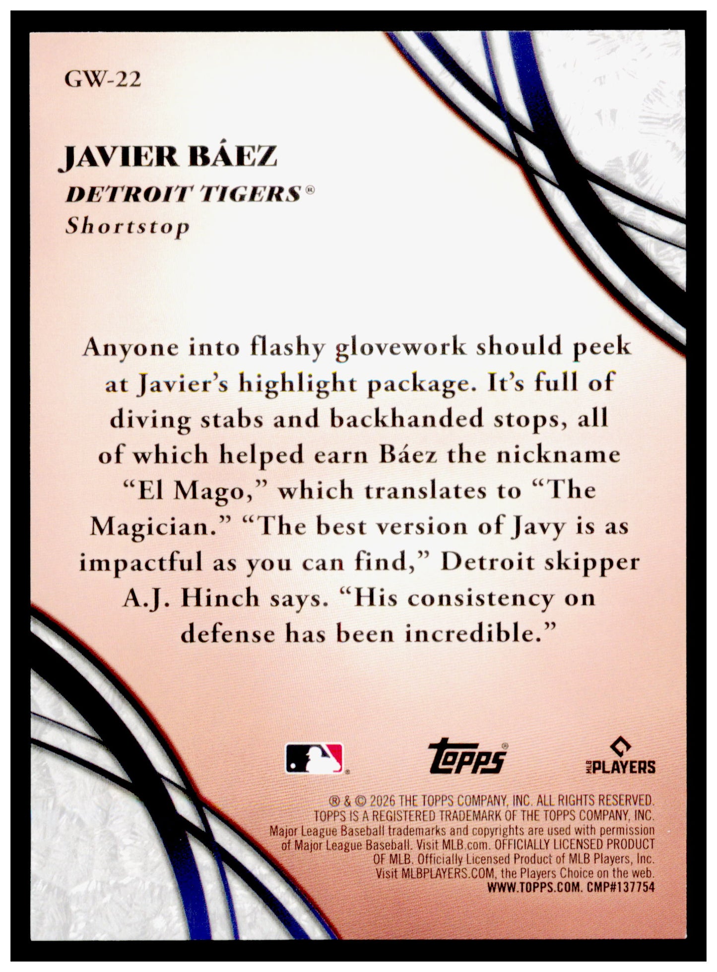Series 2 Baseball Javier Báez Card Glove Work Detroit Tigers #GW-22