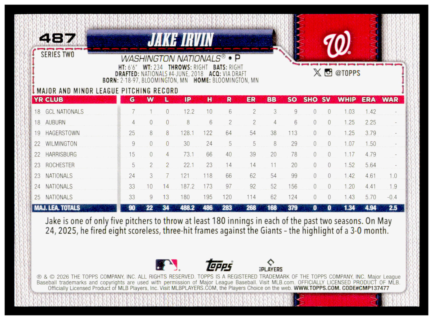 Series 2 Baseball Jake Irvin Card Washington Nationals #487