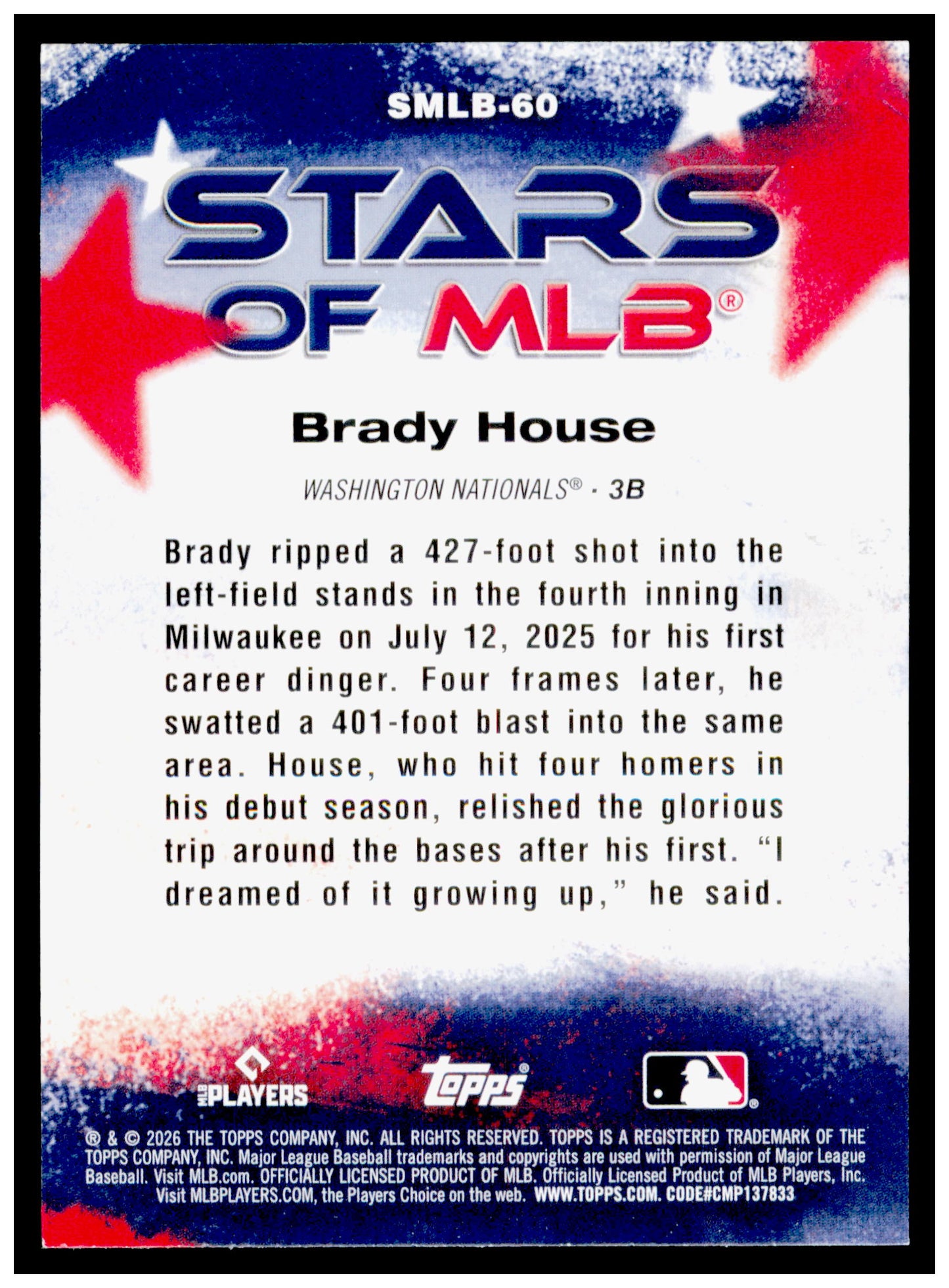Series 2 Baseball Brady House Card Stars of MLB Washington Nationals #SMLB-60