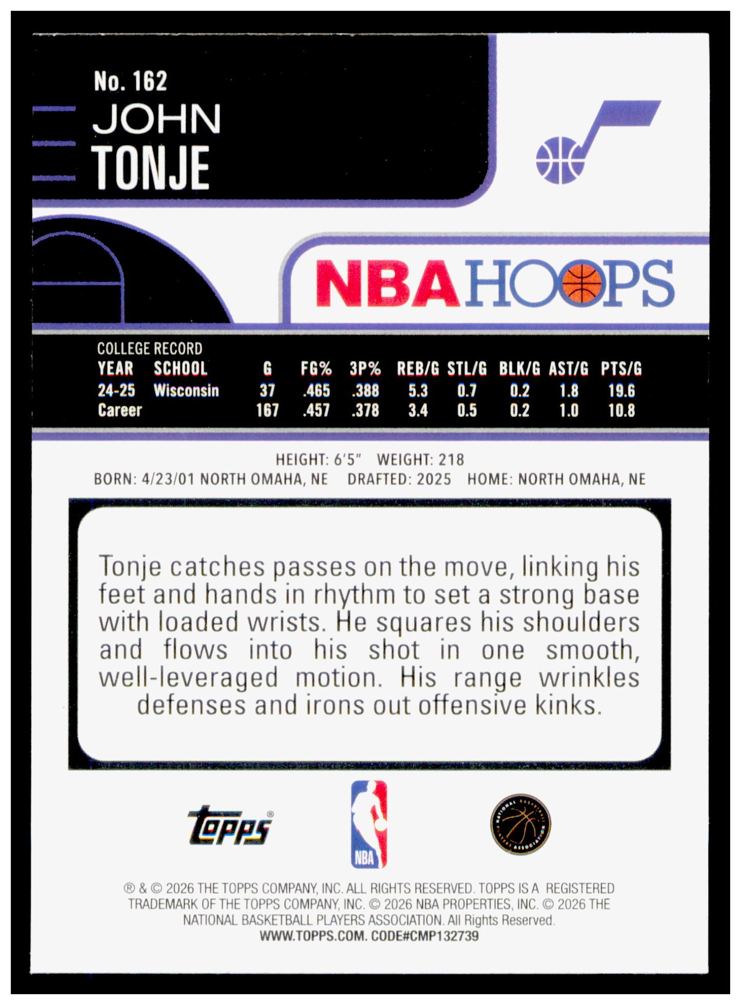 2025-26 Hoops John Tonje Card RC Utah Jazz #162