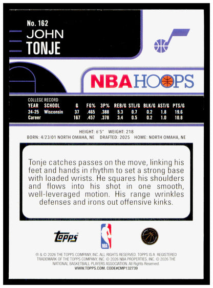 2025-26 Hoops John Tonje Card RC Utah Jazz #162