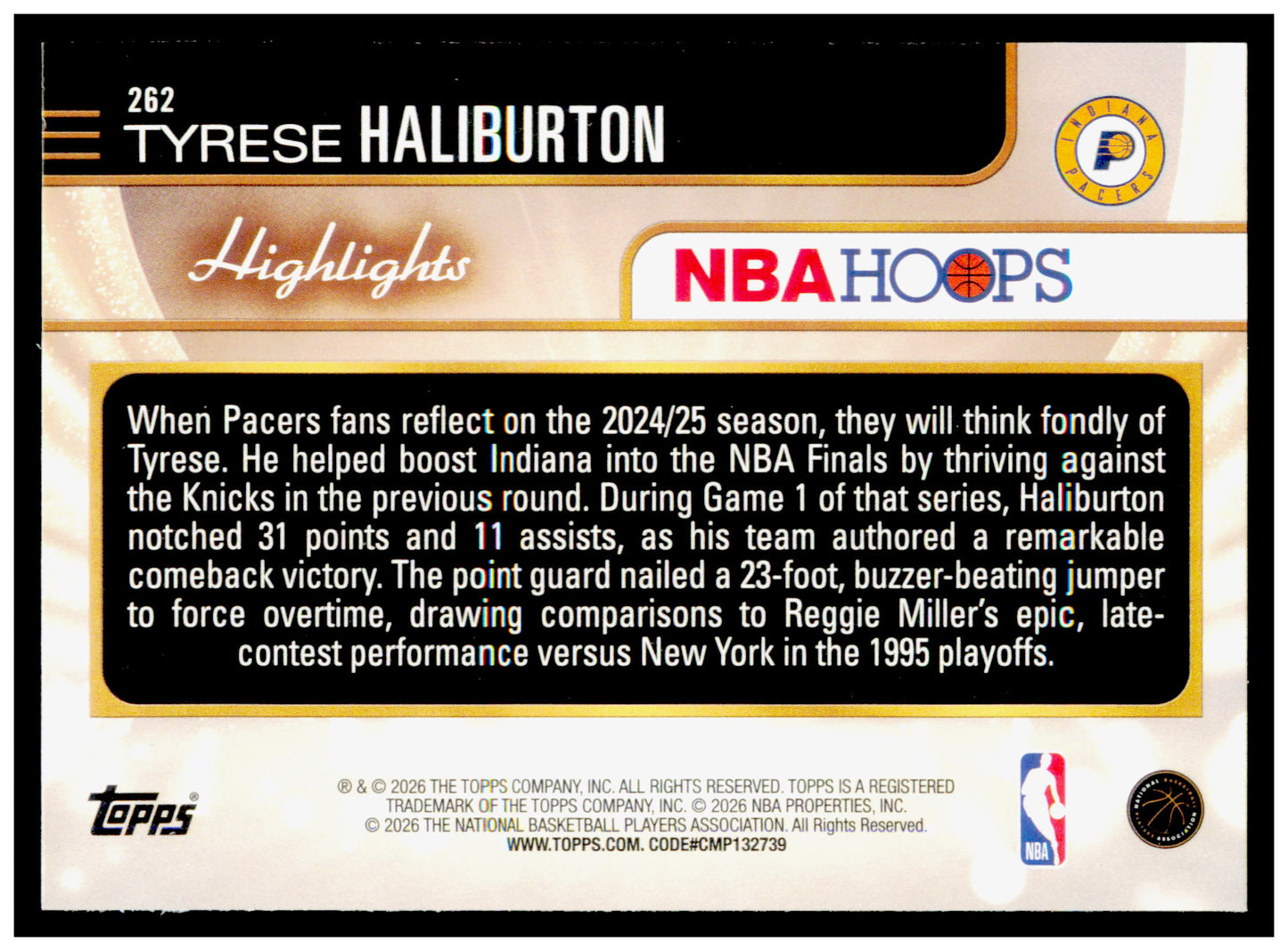 2025-26 Hoops Tyrese Haliburton Card Indiana Pacers #262