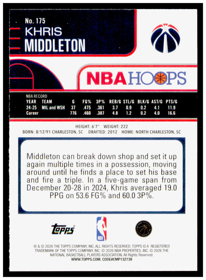 2025-26 Hoops Khris Middleton Card Washington Wizards #175