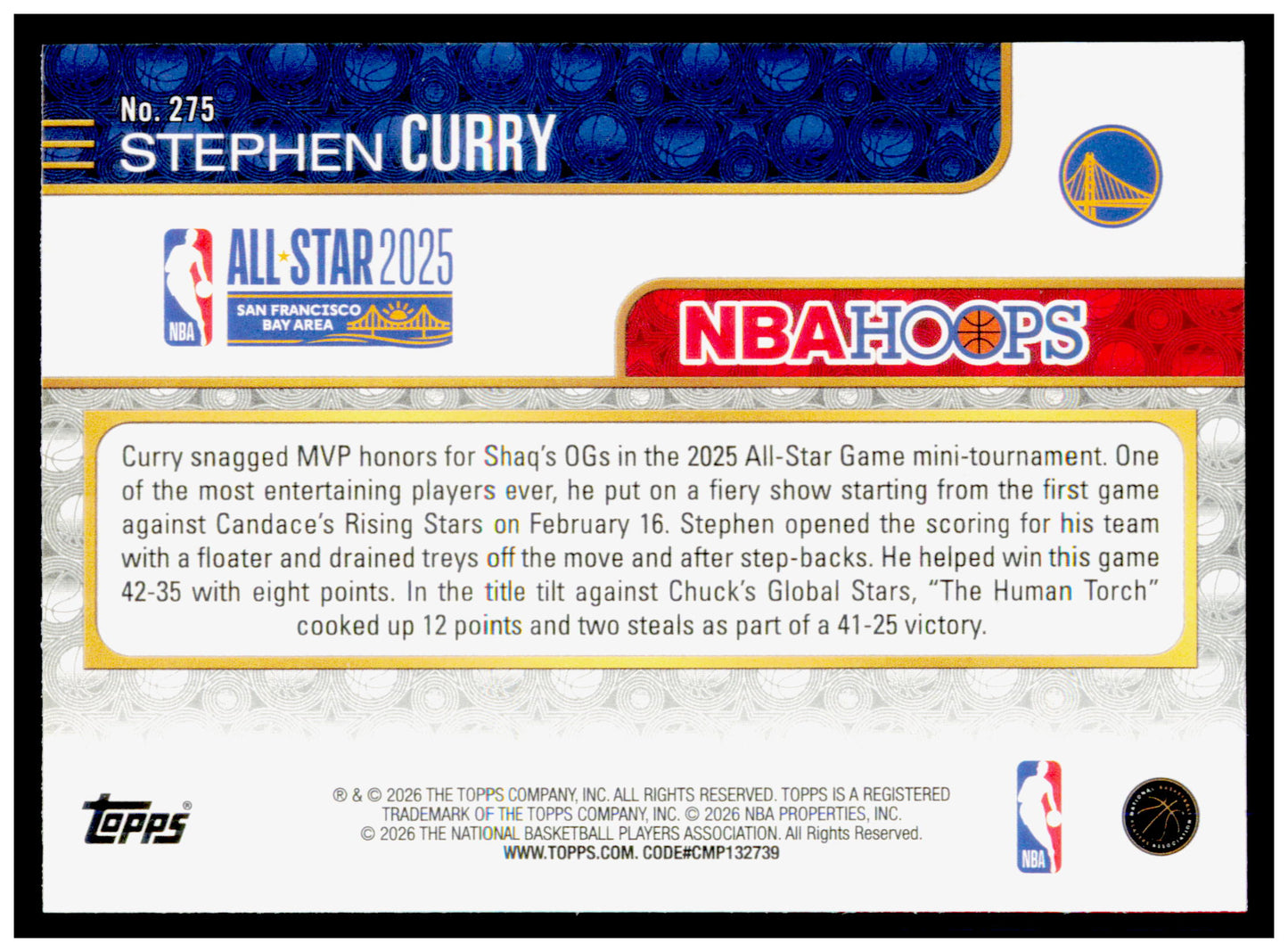 2025-26 Hoops Stephen Curry Card Golden State Warriors #275