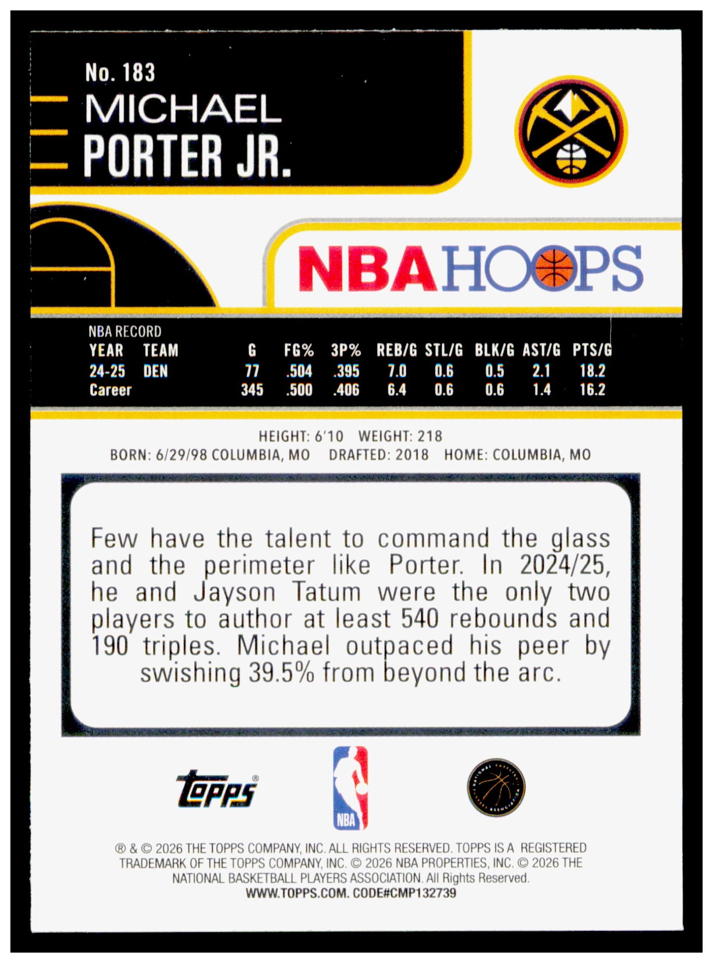 2025-26 Hoops Michael Porter Jr. Card Denver Nuggets #183