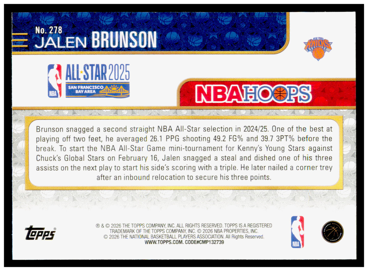 2025-26 Hoops Jalen Brunson Card New York Knicks #278