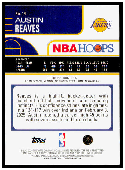 2025-26 Hoops Austin Reaves Card Los Angeles Lakers #14