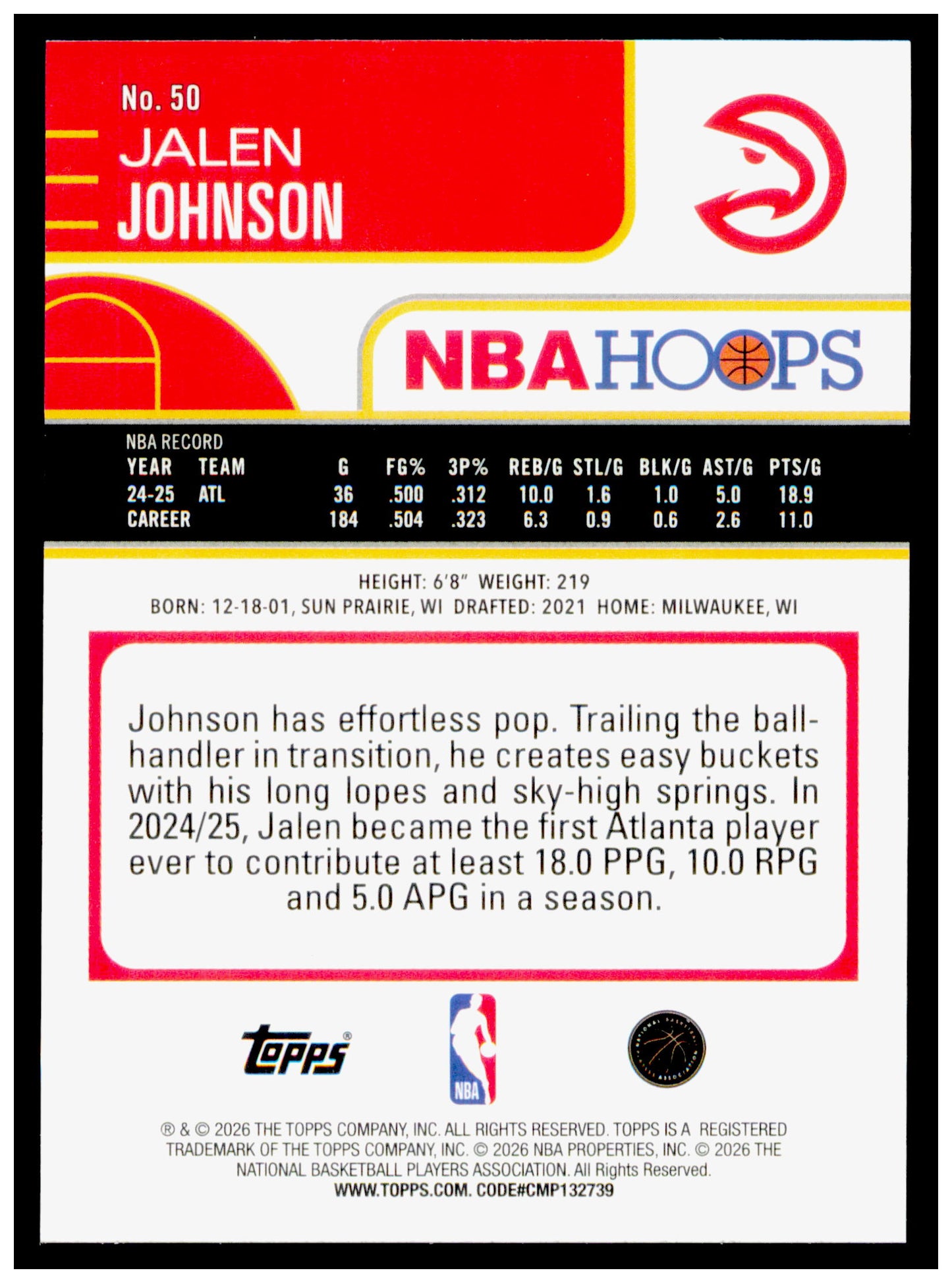 2025-26 Hoops Jalen Johnson Card Atlanta Hawks #50