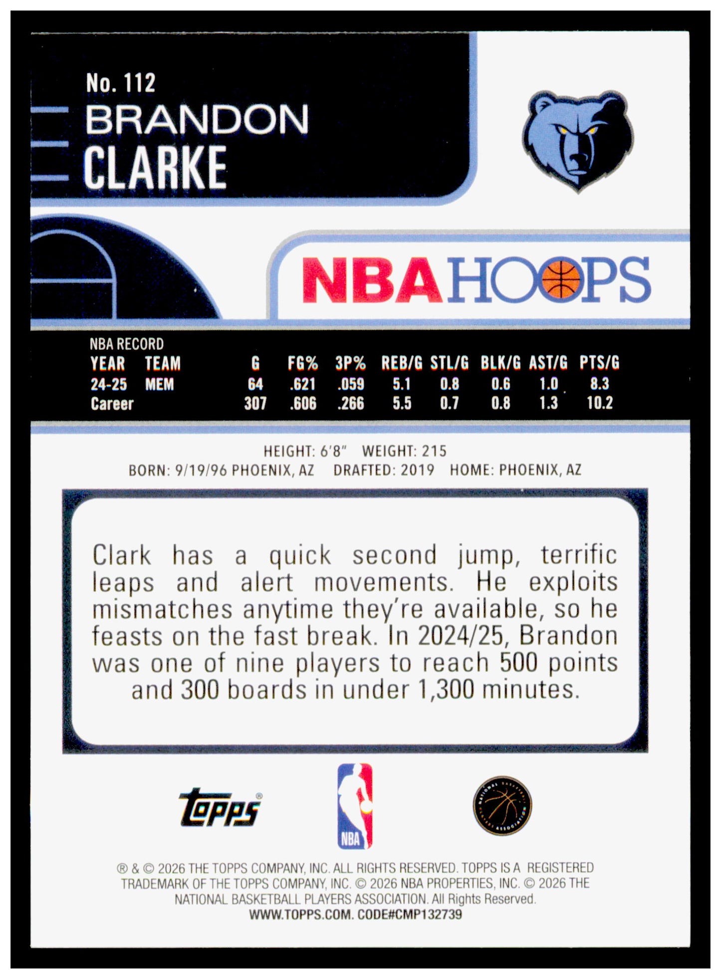 2025-26 Hoops Brandon Clarke Card Memphis Grizzlies #112