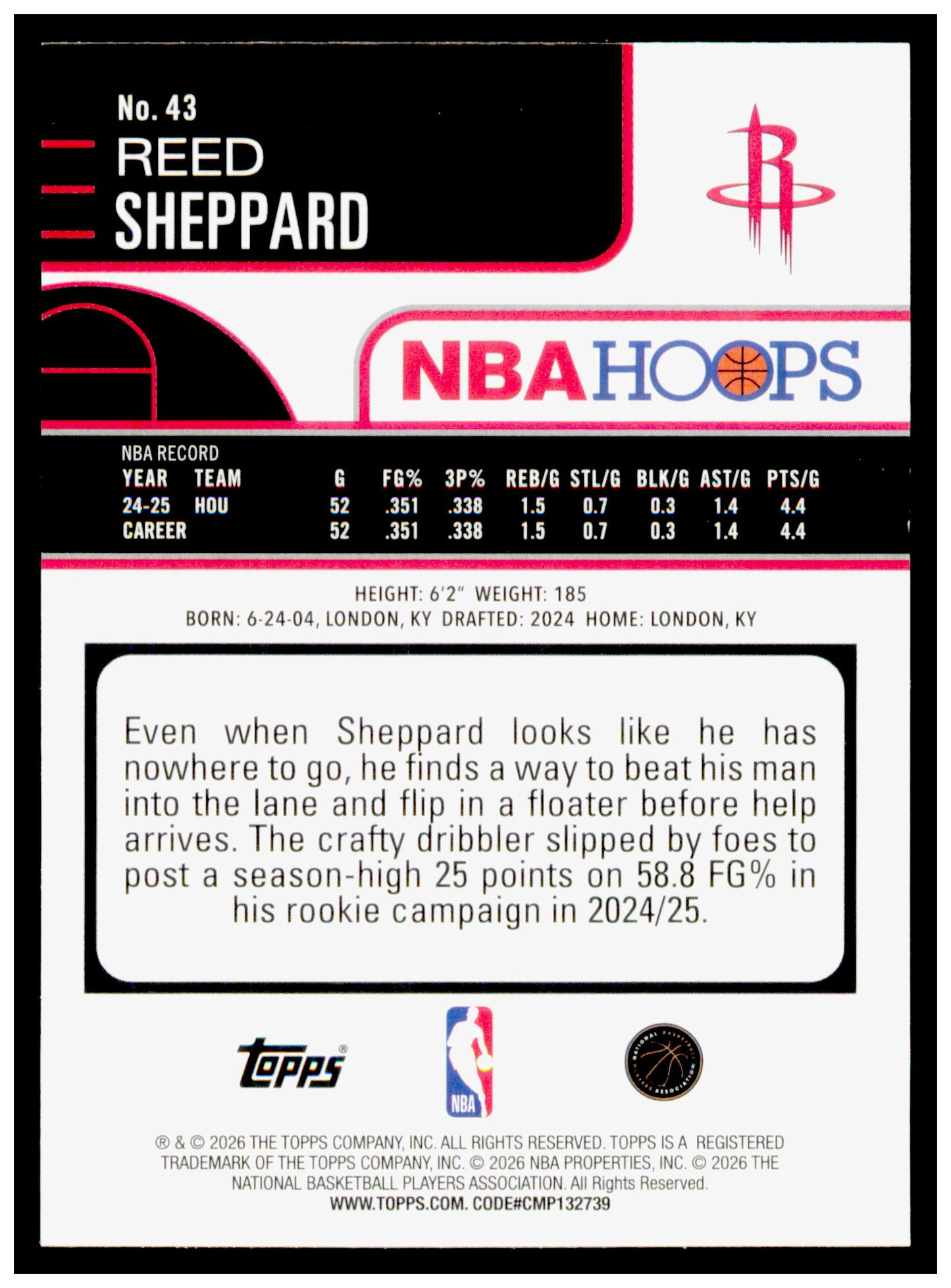 2025-26 Hoops Reed Sheppard Card Houston Rockets #43