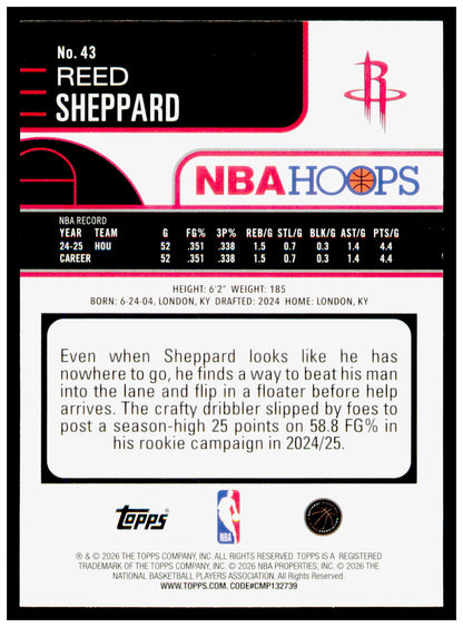 2025-26 Hoops Reed Sheppard Card Houston Rockets #43